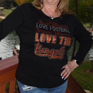 Bengals Real Women Love Football rhinestone bling long sleeve shirt XS S M L XL…